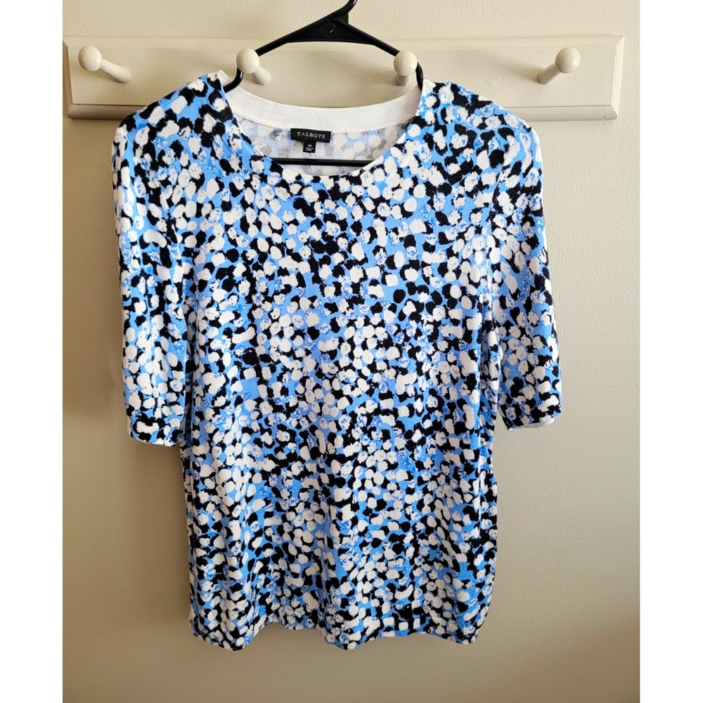 Talbots Medium Black Blue White Floral S/S Crew Neck Blouse Sweater Top Classic
